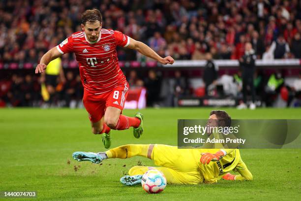 Leon Goretzka of Bayern Munich scores their team's third goal during the Bundesliga match between FC Bayern Muenchen and SV Werder Bremen at Allianz...