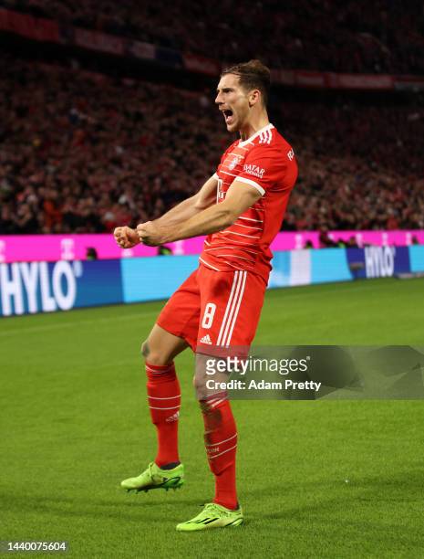 Leon Goretzka of Bayern Munich celebrates after scoring their team's second goal during the Bundesliga match between FC Bayern Muenchen and SV Werder...