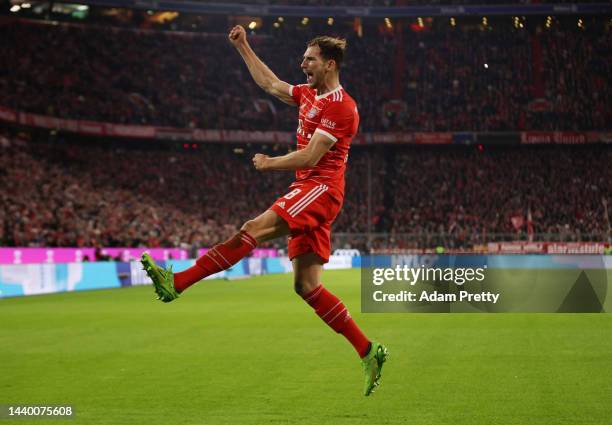 Leon Goretzka of Bayern Munich celebrates after scoring their team's second goal during the Bundesliga match between FC Bayern Muenchen and SV Werder...