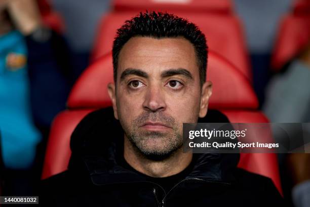 Head coach Xabi Hernadez of FC Barcelona looks on before the LaLiga Santander match between CA Osasuna and FC Barcelona at El Sadar Stadium on...