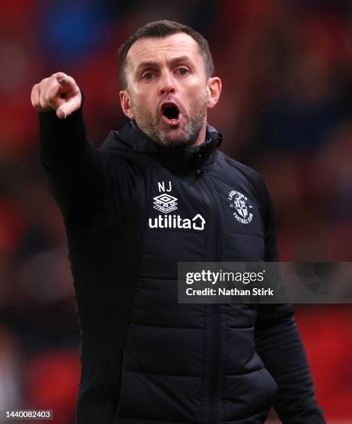 Nathan Jones manager of Luton gestures during the Sky Bet Championship between Stoke City and Luton Town at Bet365 Stadium on November 08, 2022 in...