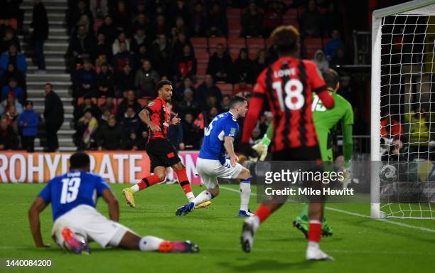 Junior Stanislas of AFC Bournemouth scores their team's second goal during the Carabao Cup Third Round match between AFC Bournemouth and Everton at...