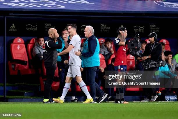 Robert Lewandowski of FC Barcelona reacts during the LaLiga Santander match between CA Osasuna and FC Barcelona at El Sadar Stadium on November 08,...