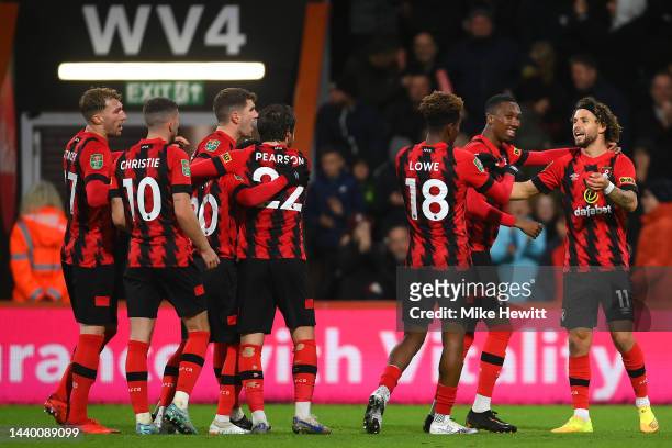 Emiliano Marcondes of AFC Bournemouth celebrates with teammates after scoring their team's third goal during the Carabao Cup Third Round match...