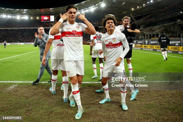 Konstantinos Mavropanos of VfB Stuttgart celebrates after scoring their side's second goal during the Bundesliga match between VfB Stuttgart and...