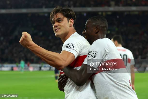 Konstantinos Mavropanos of VfB Stuttgart celebrates after scoring their side's second goal during the Bundesliga match between VfB Stuttgart and...