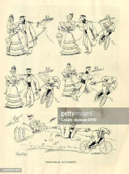 illustrations, cliparts, dessins animés et icônes de vintage cartoon, terrible accident, cycliste tirant un homme et une femme, comédie victorienne slapstick, années 1890 - burlesque
