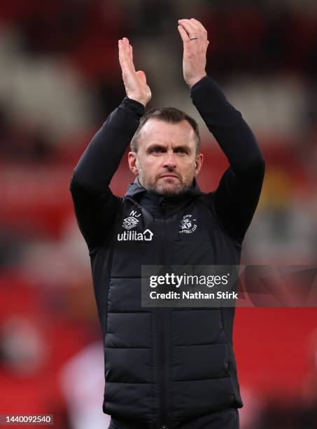 Nathan Jones manager of Luton applauds the fans following the Sky Bet Championship between Stoke City and Luton Town at Bet365 Stadium on November...