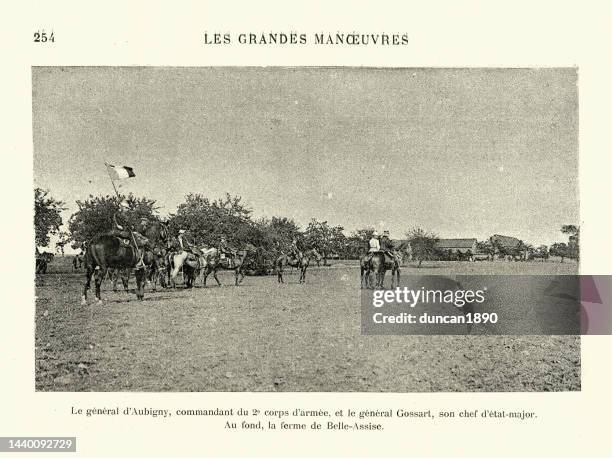 french generals on military manoeuvres, victorian history warfare, 19th century - french army stock illustrations