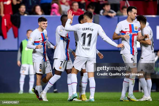 Pedro Gonzalez 'Pedri' of FC Barcelona celebrates after scoring his team's first goal during the LaLiga Santander match between CA Osasuna and FC...