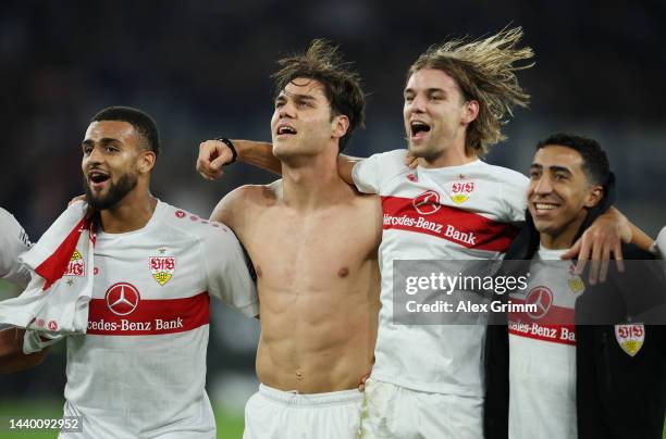 Konstantinos Mavropanos of VfB Stuttgart and team mates celebrate with fans following the Bundesliga match between VfB Stuttgart and Hertha BSC at...