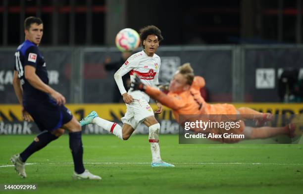 Enzo Millot of VfB Stuttgart takes a shot during the Bundesliga match between VfB Stuttgart and Hertha BSC at Mercedes-Benz Arena on November 08,...