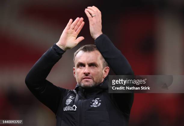 Nathan Jones manager of Luton applauds the fans following the Sky Bet Championship between Stoke City and Luton Town at Bet365 Stadium on November...