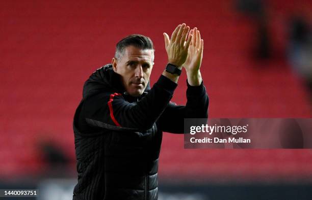 Mark Kennedy, Manager of Lincoln City applauds the fans following the Carabao Cup Third Round match between Bristol City and Lincoln City at Ashton...