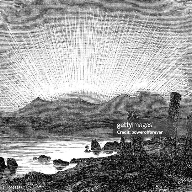 aurora borealis or northern lights over norway - 19th century - aurora borealis 幅插畫檔、美工圖案、卡通及圖標