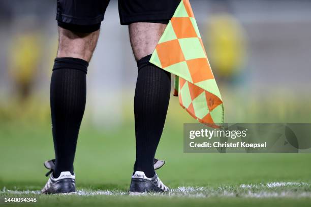 Linesman with corner flag is seen during the 3. Liga match between Borussia Dortmund II and Viktoria Köln at Stadion am Zoo on November 08, 2022 in...