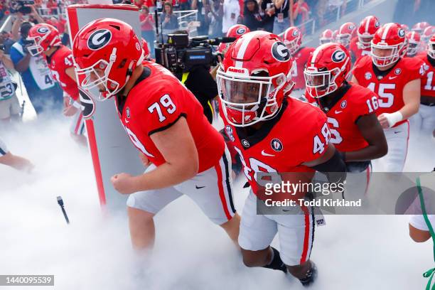 The Georgia Bulldogs take the field prior to the game against the Tennessee Volunteers at Sanford Stadium on November 5, 2022 in Athens, Georgia.