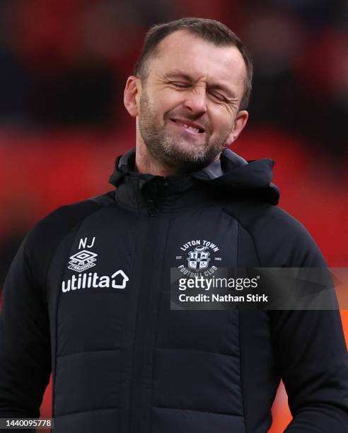 Nathan Jones manager of Luton reacts during the Sky Bet Championship between Stoke City and Luton Town at Bet365 Stadium on November 08, 2022 in...