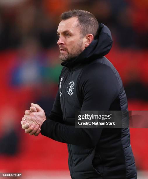 Nathan Jones manager of Luton reacts during the Sky Bet Championship between Stoke City and Luton Town at Bet365 Stadium on November 08, 2022 in...