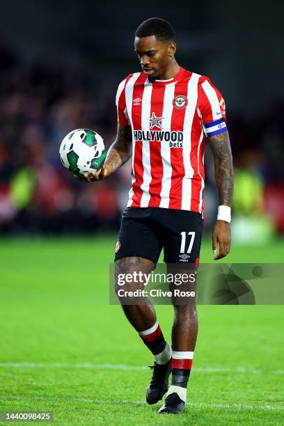 Ivan Toney of Brentford prepares to take a penalty during the penalty shoot out during the Carabao Cup Third Round match between Brentford and...