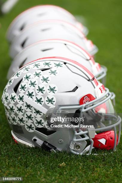 Detail of an Ohio State Buckeyes helmet prior to the game against the Northwestern Wildcats at Ryan Field on November 05, 2022 in Evanston, Illinois.