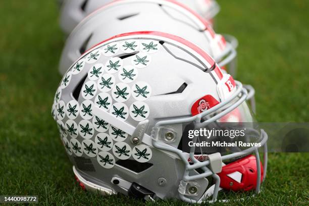 Detail of an Ohio State Buckeyes helmet prior to the game against the Northwestern Wildcats at Ryan Field on November 05, 2022 in Evanston, Illinois.