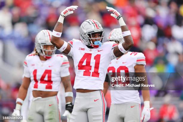 Josh Proctor of the Ohio State Buckeyes reacts against the Northwestern Wildcats during the second half at Ryan Field on November 05, 2022 in...