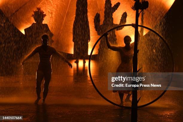 Actors and acrobats in the graphic pass of Cirque du Soleil's 'LUZIA' show, on November 8 in Madrid, Spain. The show invites audiences to immerse...