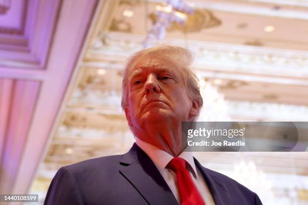 Former U.S. President Donald Trump speaks to the media during an election night event at Mar-a-Lago on November 08, 2022 in Palm Beach, Florida....