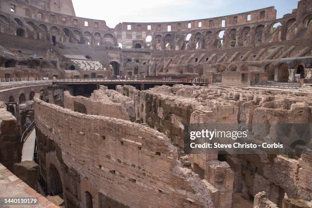 Inside the Colosseum which is the most well known of all the Ancient Roman monuments in Rome on August 14, 2022 in Rome, Italy.