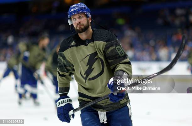 Nikita Kucherov of the Tampa Bay Lightning warms up during a game against the Edmonton Oilers at Amalie Arena on November 08, 2022 in Tampa, Florida.