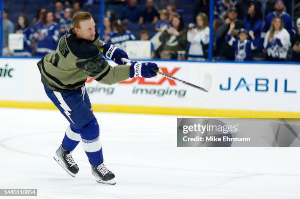 Steven Stamkos of the Tampa Bay Lightning warms up during a game against the Edmonton Oilers at Amalie Arena on November 08, 2022 in Tampa, Florida.