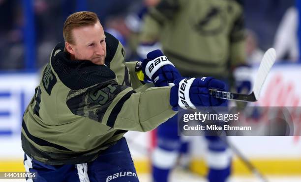 Steven Stamkos of the Tampa Bay Lightning warms up during a game against the Edmonton Oilers at Amalie Arena on November 08, 2022 in Tampa, Florida.