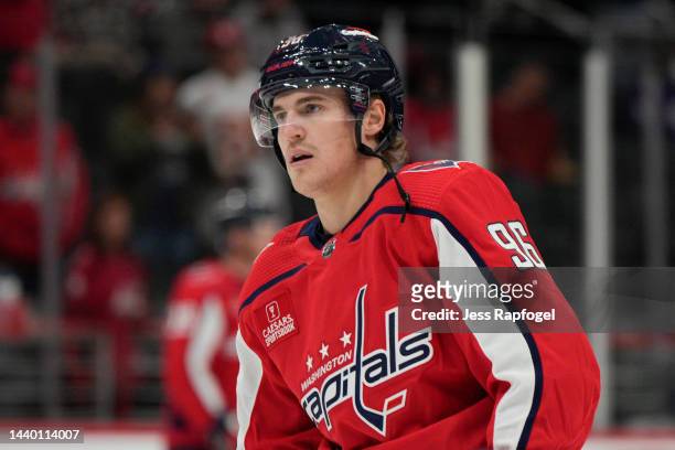Nicolas Aube-Kubel of the Washington Capitals skates during warmups before a game against the Edmonton Oilers at Capital One Arena on November 07,...