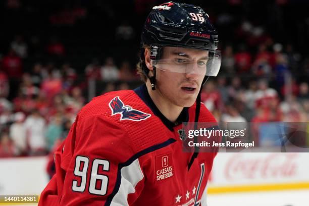 Nicolas Aube-Kubel of the Washington Capitals skates during warmups before a game against the Edmonton Oilers at Capital One Arena on November 07,...