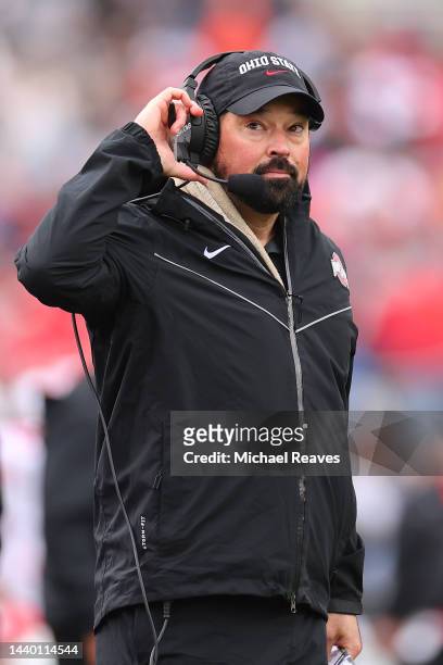 Head coach Ryan Day of the Ohio State Buckeyes looks on against the Northwestern Wildcats during the second half at Ryan Field on November 05, 2022...