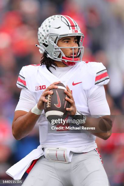 Stroud of the Ohio State Buckeyes looks on against the Northwestern Wildcats during the second half at Ryan Field on November 05, 2022 in Evanston,...