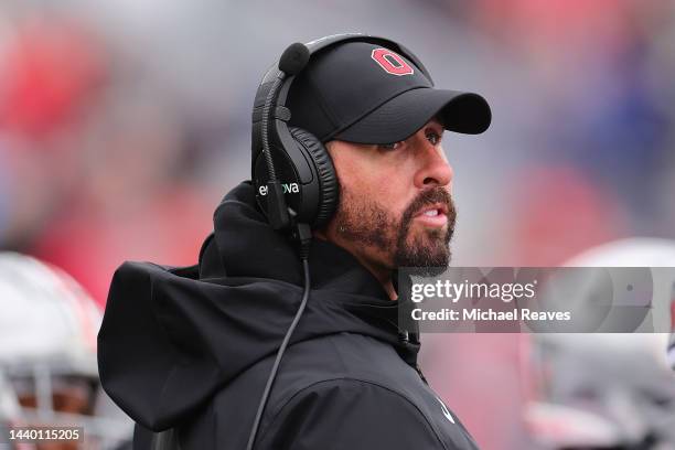 Wide receiver coach Brian Hartline of the Ohio State Buckeyes looks on against the Northwestern Wildcats during the second half at Ryan Field on...