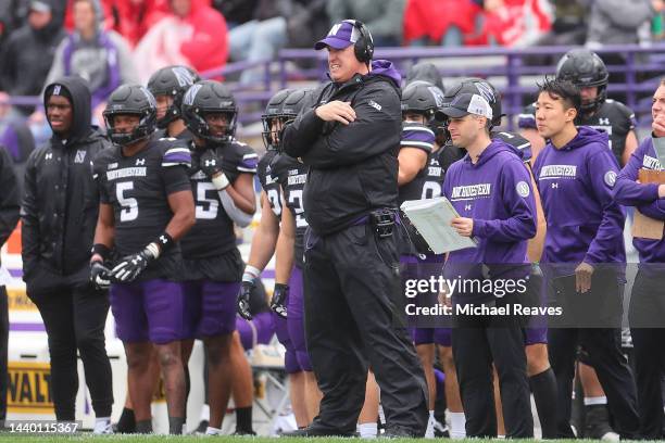 Head coach Pat Fitzgerald of the Northwestern Wildcats reacts against the Ohio State Buckeyes during the first half at Ryan Field on November 05,...