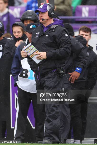 Head coach Pat Fitzgerald of the Northwestern Wildcats reacts against the Ohio State Buckeyes during the first half at Ryan Field on November 05,...