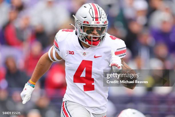 Julian Fleming of the Ohio State Buckeyes in action against the Northwestern Wildcats during the first half at Ryan Field on November 05, 2022 in...