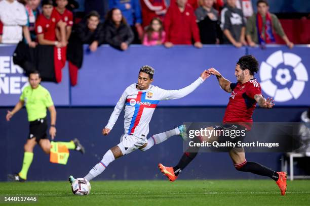 Raphael Dias 'Raphinha' of FC Barcelona in action during the LaLiga Santander match between CA Osasuna and FC Barcelona at El Sadar Stadium on...