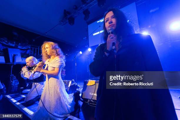 Taso Pletner, Maria Alyokhina and Olga Borisova of Pussy Riot perform "Riot Days" on stage at Summerhall on November 08, 2022 in Edinburgh, Scotland.