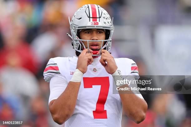 Stroud of the Ohio State Buckeyes looks on against the Northwestern Wildcats during the first half at Ryan Field on November 05, 2022 in Evanston,...