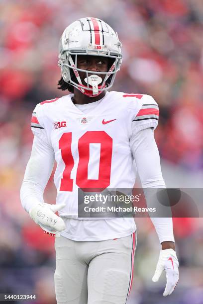 Denzel Burke of the Ohio State Buckeyes looks on against the Northwestern Wildcats during the first half at Ryan Field on November 05, 2022 in...