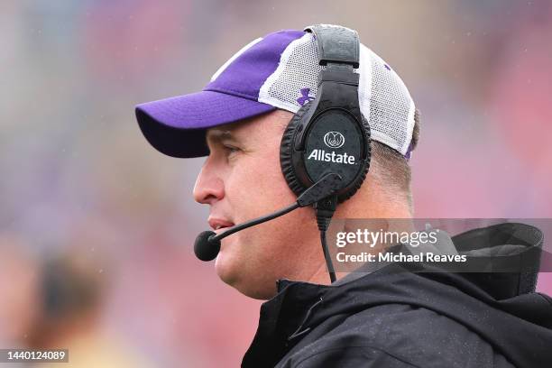 Head coach Pat Fitzgerald of the Northwestern Wildcats looks on against the Ohio State Buckeyes during the first half at Ryan Field on November 05,...