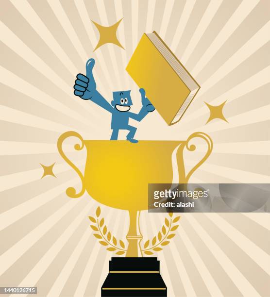 ein champion mit einer großen goldenen trophäe und einem goldenen buch gibt einen daumen hoch, das konzept, wie ein champion zu denken oder wie ein champion zu handeln - reportage award winners stock-grafiken, -clipart, -cartoons und -symbole