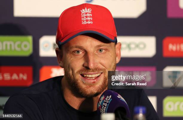 Jos Buttler, captain of England during a press conference at T20 World Cup squad training session at Adelaide Oval on November 09, 2022 in Adelaide,...