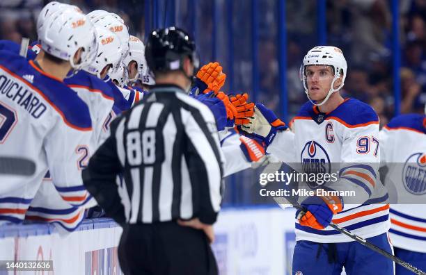 Connor McDavid of the Edmonton Oilers celebrates a goal during a game against the Tampa Bay Lightning at Amalie Arena on November 08, 2022 in Tampa,...