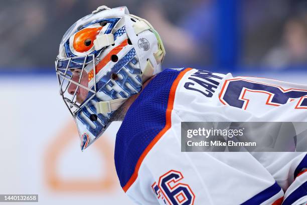 Jack Campbell of the Edmonton Oilers looks on during a game against the Tampa Bay Lightning at Amalie Arena on November 08, 2022 in Tampa, Florida.